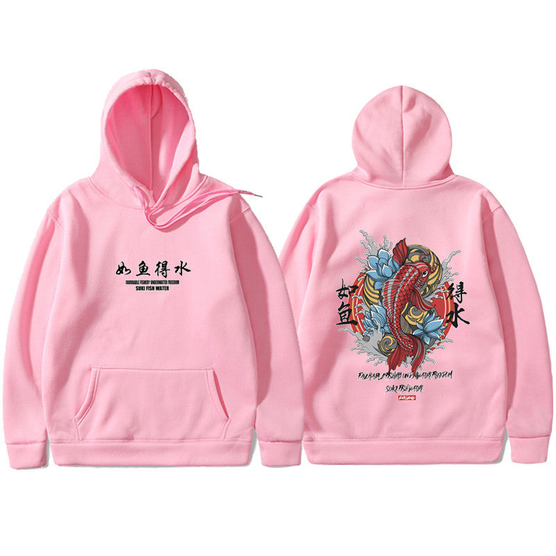 Ukiyo-e Art Print Fleece-Lined Hoodie, Pink