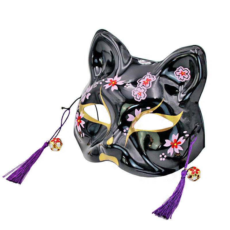 Japanese-Style Cherry Blossom Fox-Cat Festival Mask, Black