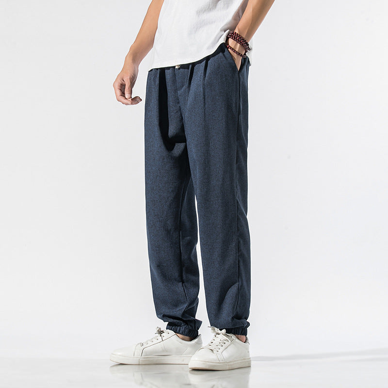Washed Cotton Jogger Pants - Japanese Casual Style, Navy Blue