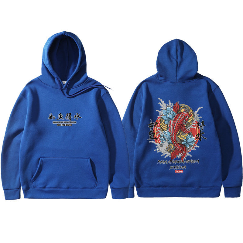 Ukiyo-e Art Print Fleece-Lined Hoodie, Blue