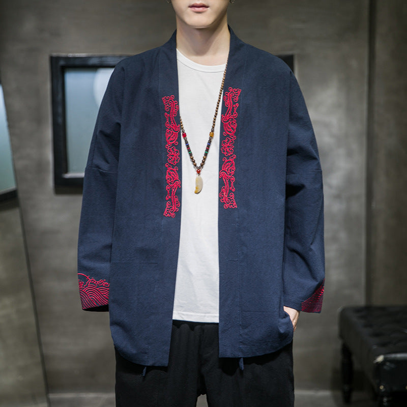 Embroidered Cotton Haori Kimono Cardigan, Blue