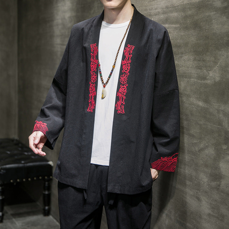 Embroidered Cotton Haori Kimono Cardigan, Black