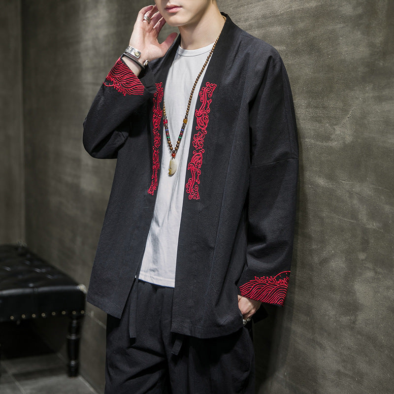 Embroidered Cotton Haori Kimono Cardigan, view 4