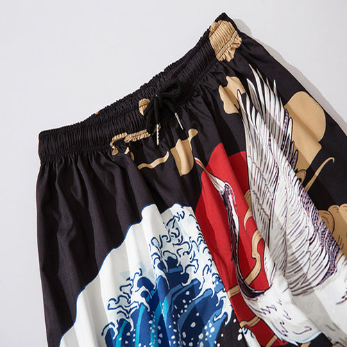 Crane & Wave Print Harem Pants - Retro Japanese Style, Black, view 2