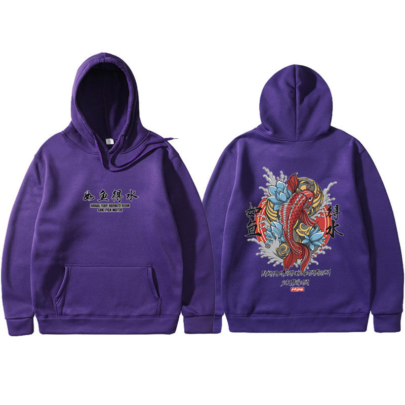 Ukiyo-e Art Print Fleece-Lined Hoodie, Purple