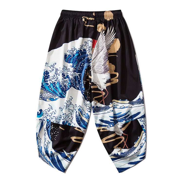 Crane & Wave Print Harem Pants - Retro Japanese Style, Black, view 4