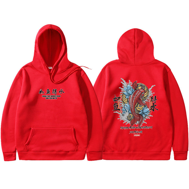 Ukiyo-e Art Print Fleece-Lined Hoodie, Red