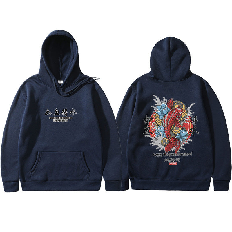 Ukiyo-e Art Print Fleece-Lined Hoodie, Navy Blue