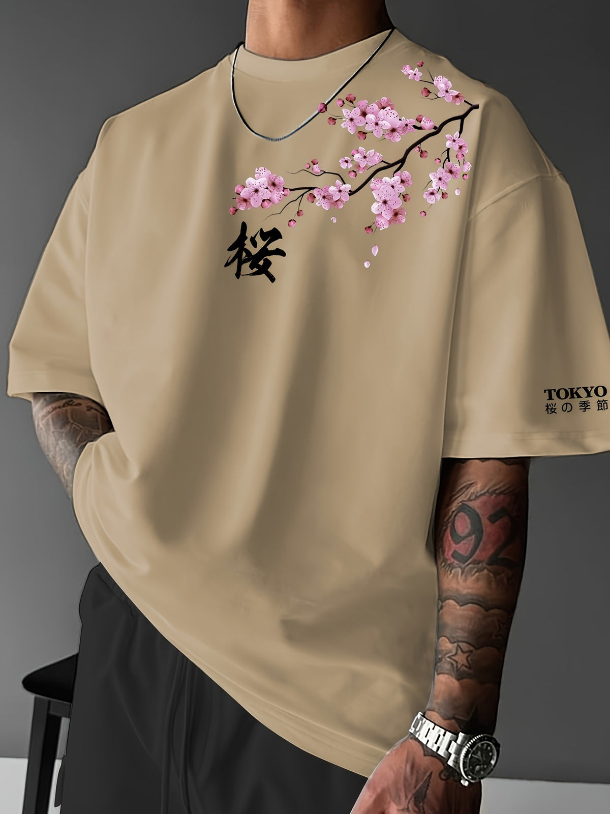 Tokyo Cherry Blossom Graphic Tee in khaki