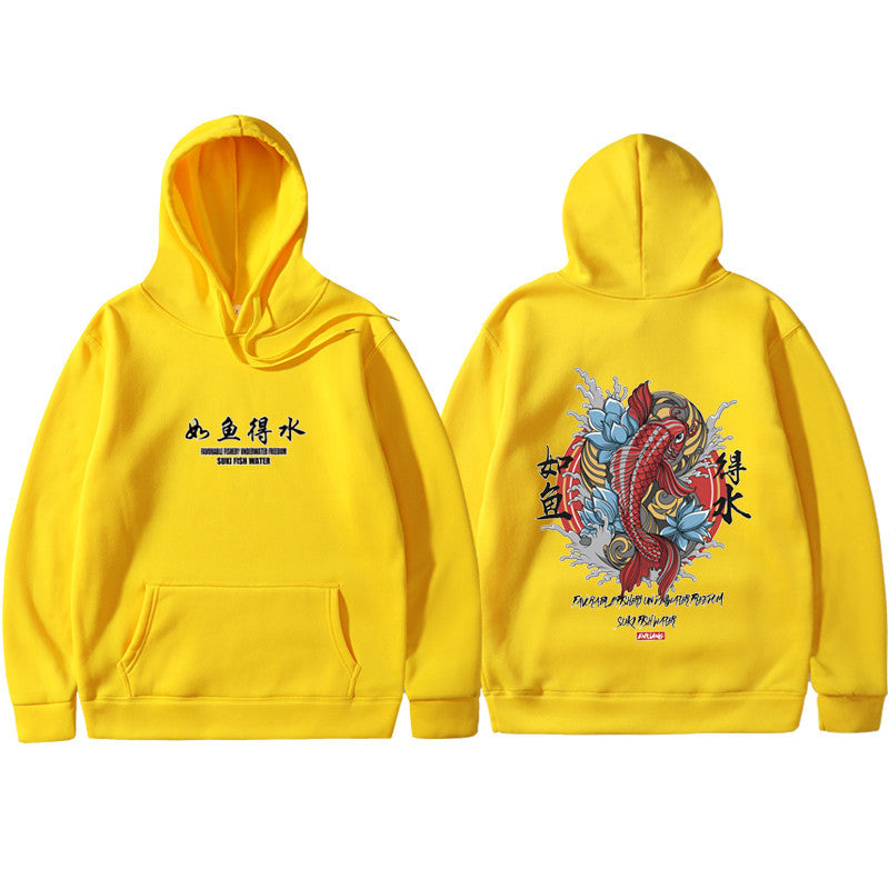 Ukiyo-e Art Print Fleece-Lined Hoodie, Yellow