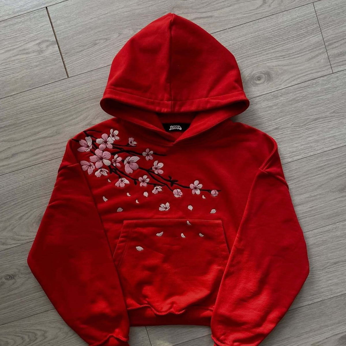 Cherry Blossom Print Pullover Hoodie, red