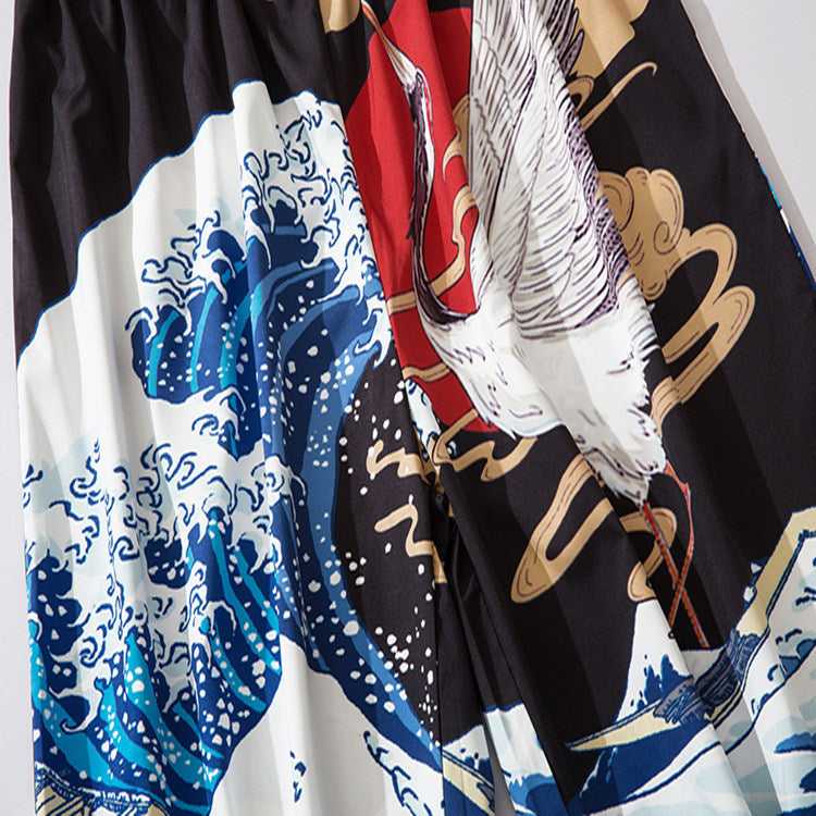 Crane & Wave Print Harem Pants - Retro Japanese Style, Black, view 5