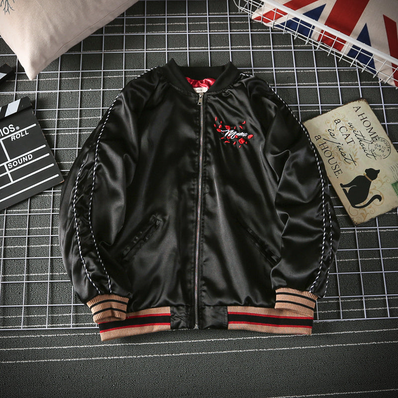 Japanese-Style Embroidered Zip Jacket, black, view 1