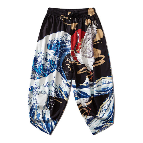 Crane & Wave Print Harem Pants - Retro Japanese Style, Black