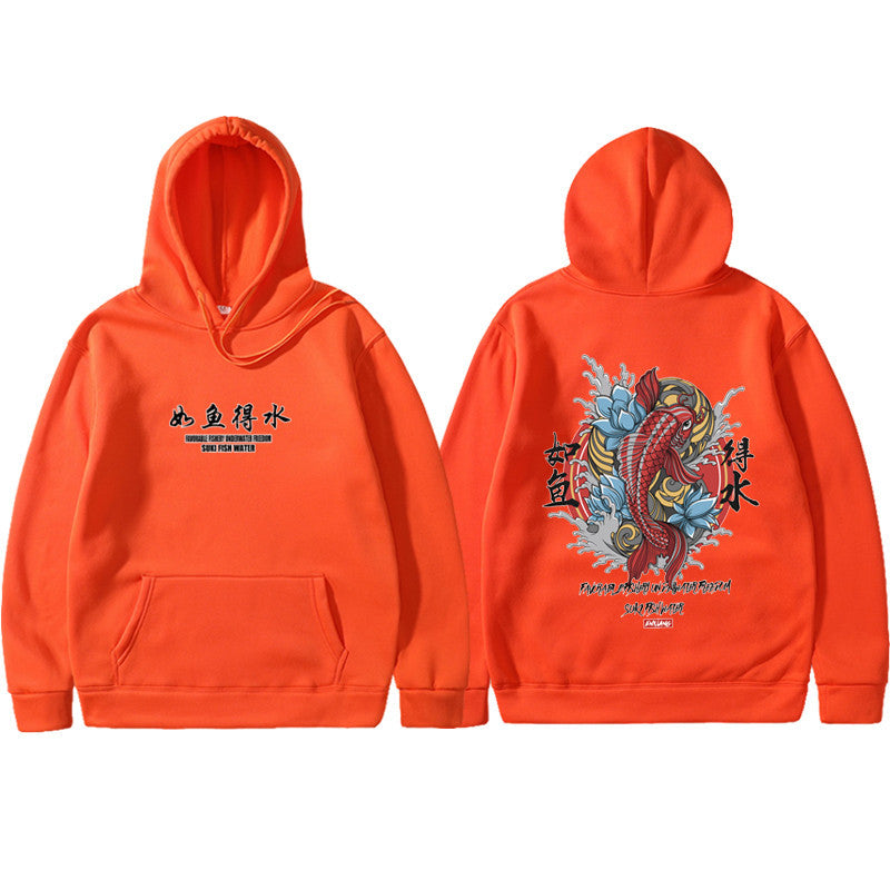 Ukiyo-e Art Print Fleece-Lined Hoodie, Orange