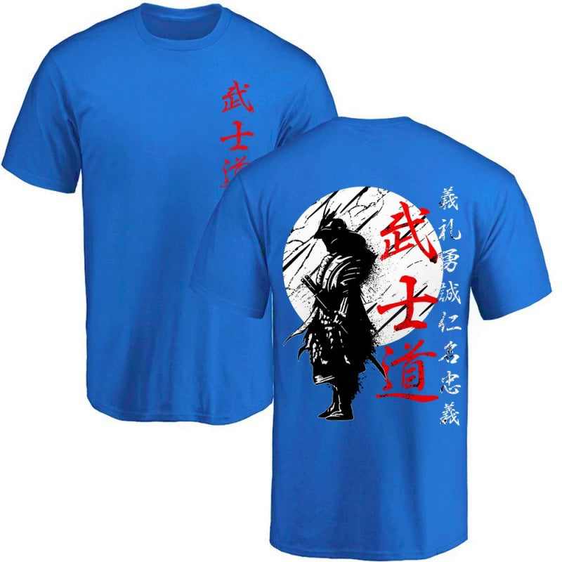 Japanese Samurai Back-Print Graphic Tee, Blue