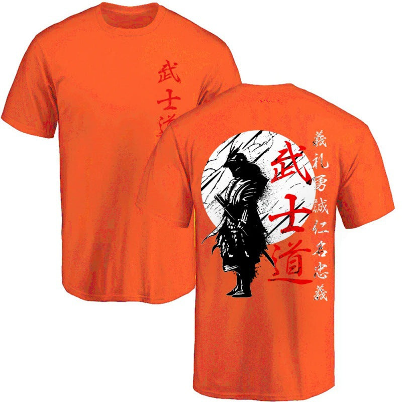 Japanese Samurai Back-Print Graphic Tee, Orange