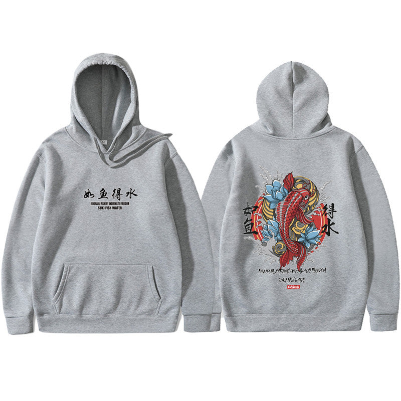 Ukiyo-e Art Print Fleece-Lined Hoodie, Light Grey