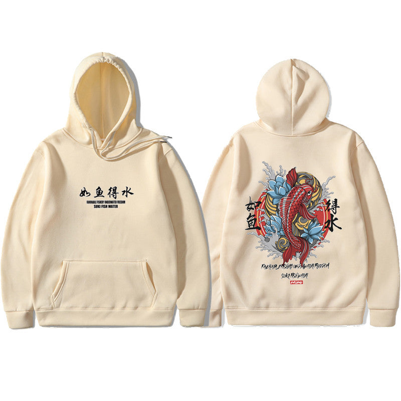Ukiyo-e Art Print Fleece-Lined Hoodie, Khaki