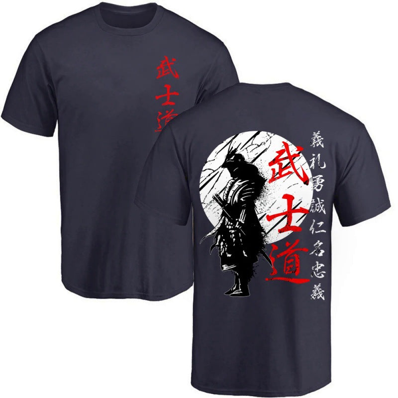 Japanese Samurai Back-Print Graphic Tee, Dark Blue