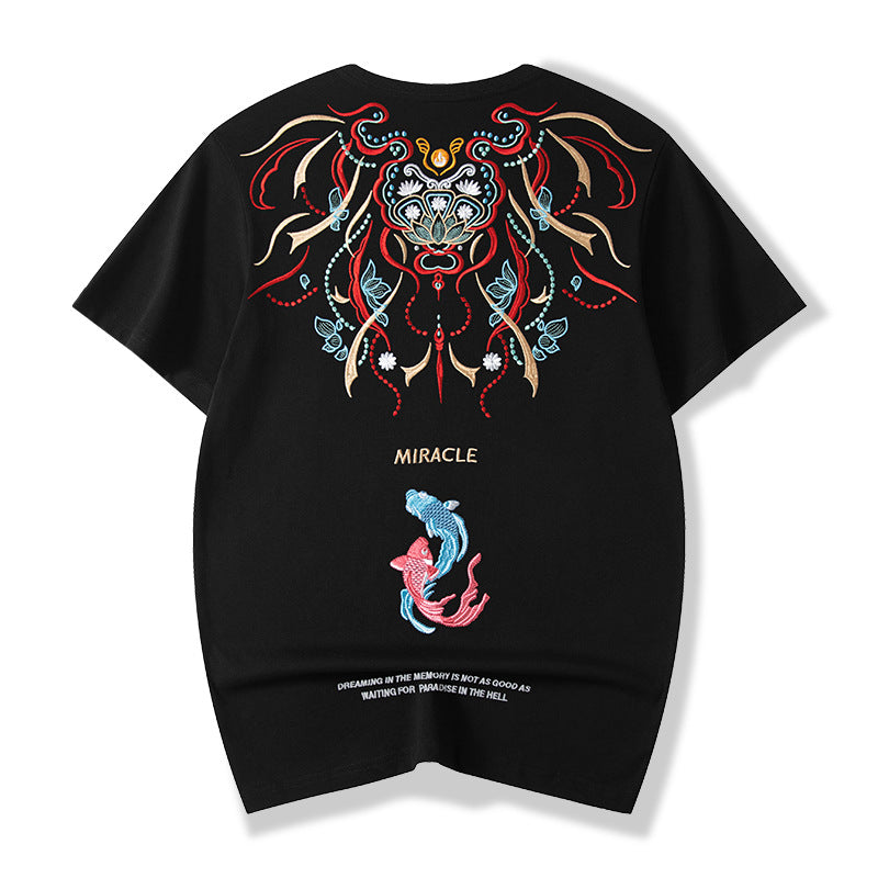 Embroidered Koi Fish Cotton Tee, black